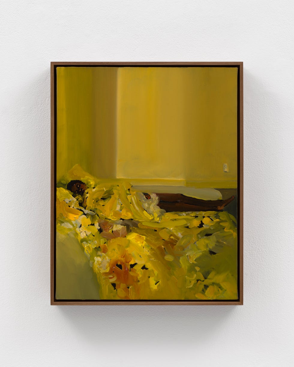 Abstract painting with vibrant yellow tones and textured brushstrokes.
